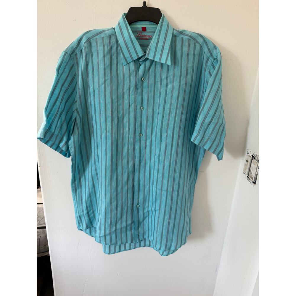 Luchiano 100% linen Visconti Shirt Button Up Striped Print Blue Size Large